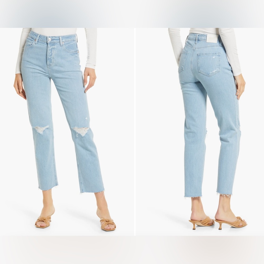 PAIGE Distressed High Waist Straight Leg Jeans